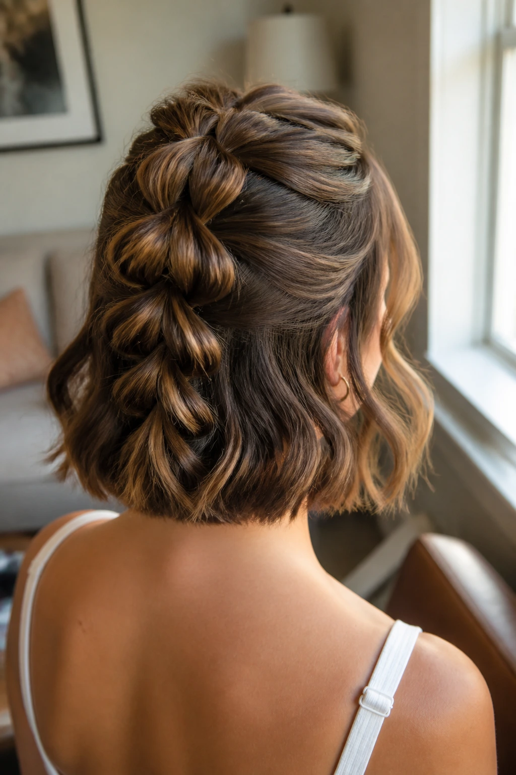 Close-up of a real woman with a pull-through braid on a medium bob in a sunlit living room.