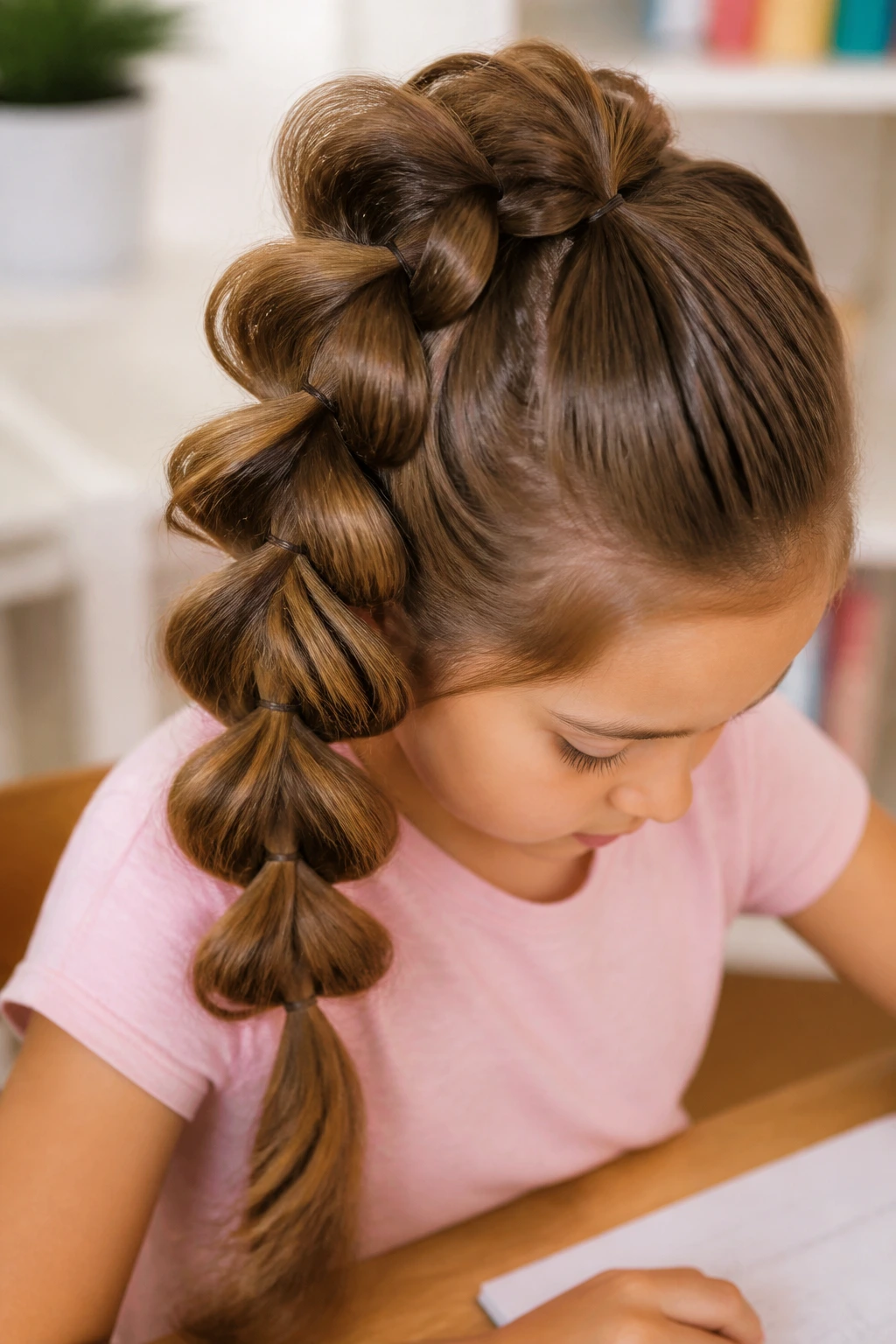 Close-up of a girl with a pull-through braid on thick hair