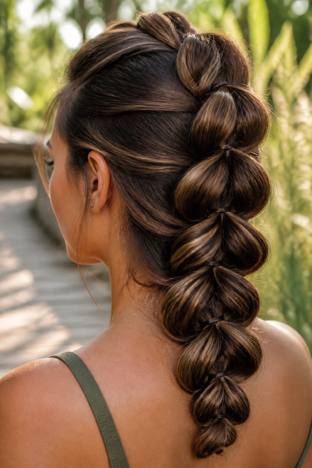 Close-up of a real woman with a pull-through braid for thick hair in an outdoor setting