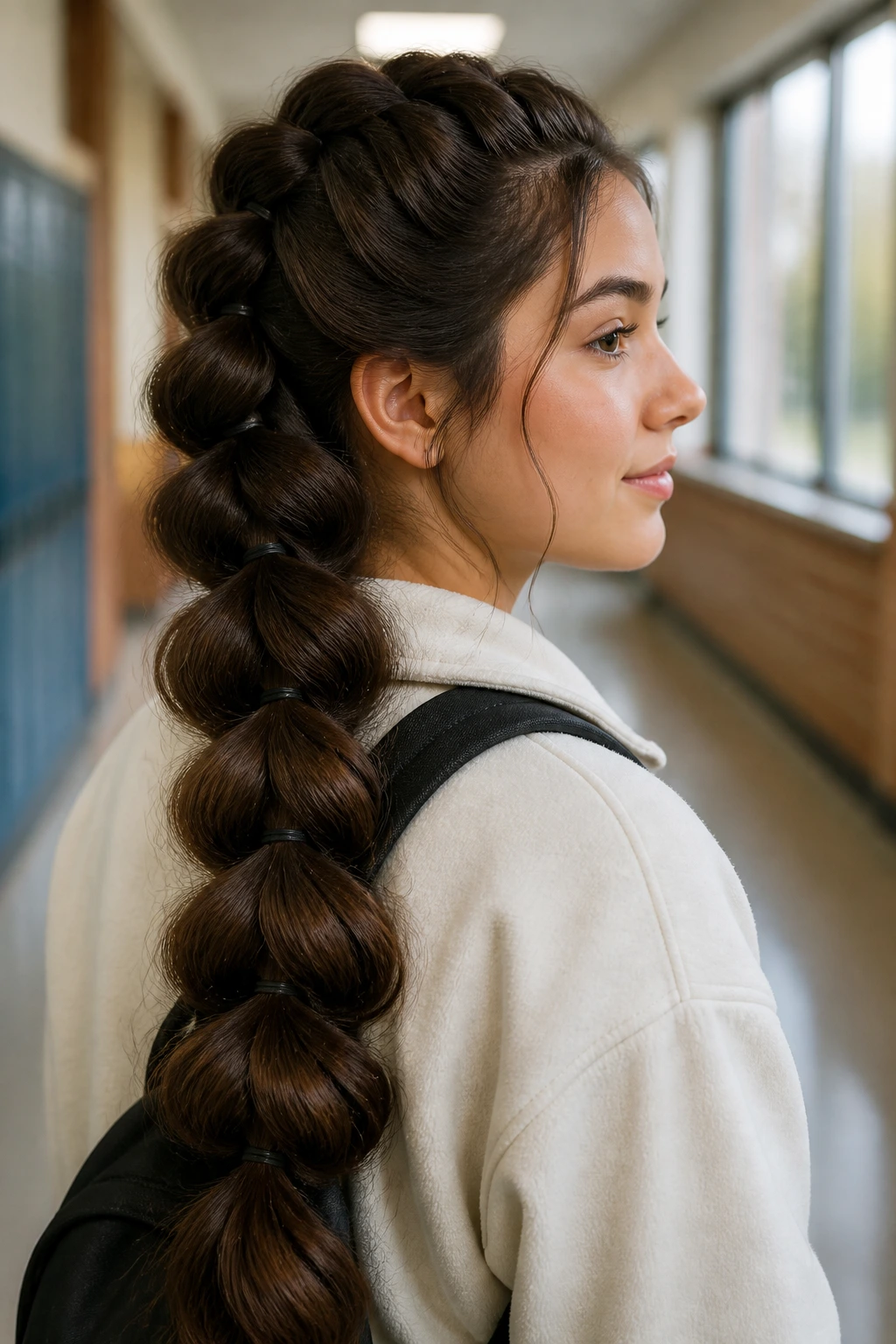 Portrait of a real student with a thick pull-through braid showing rounded braided shape