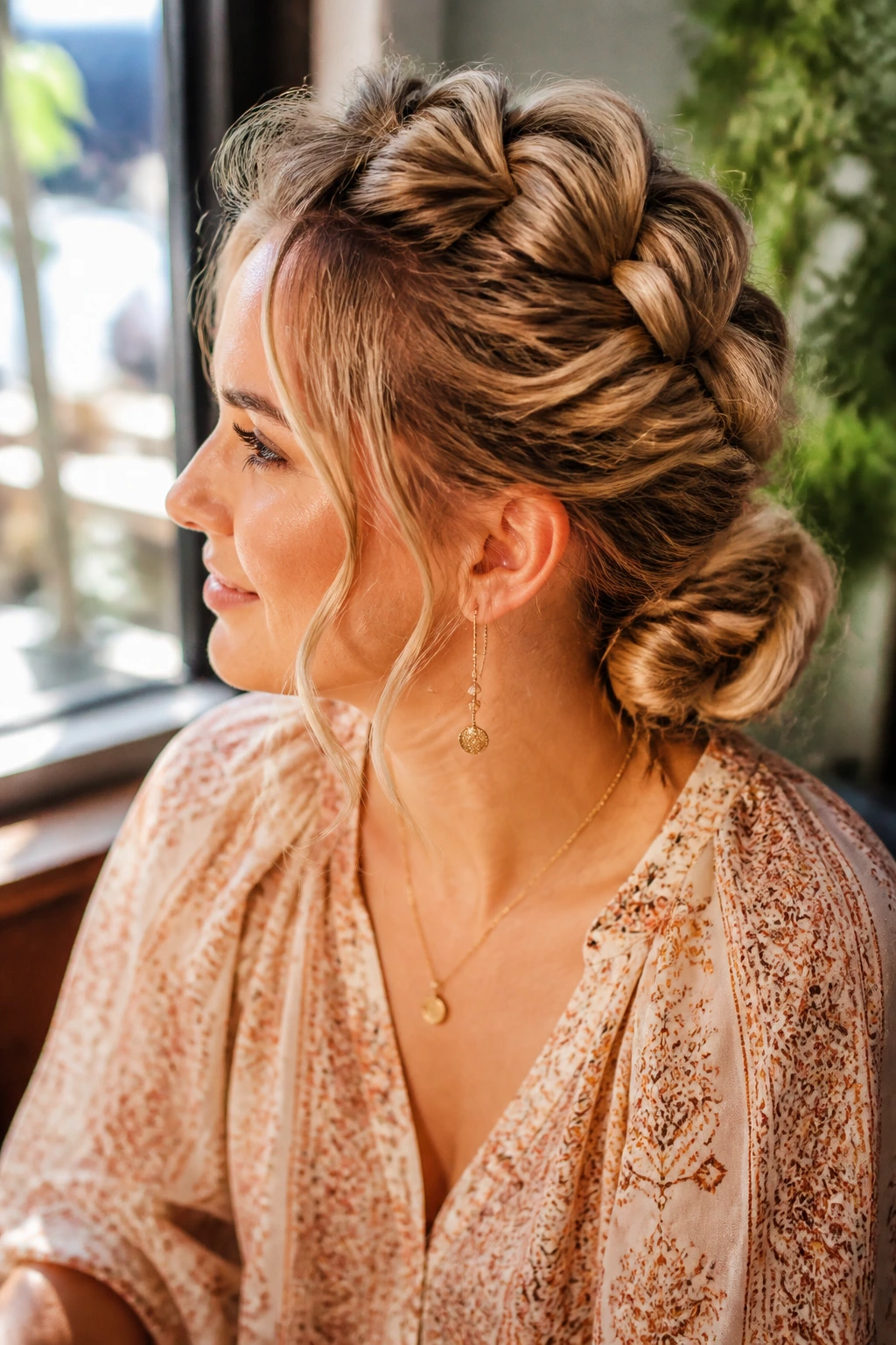Close-up portrait of a real woman with a pull-through braid updo, stacked sections and tucked ends