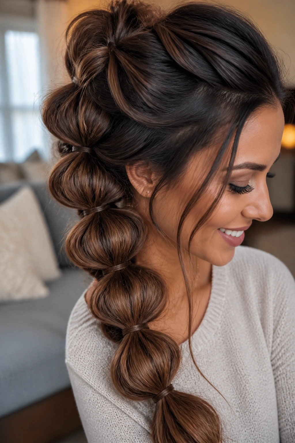 Close-up of real woman with pull-through braid creating big volume