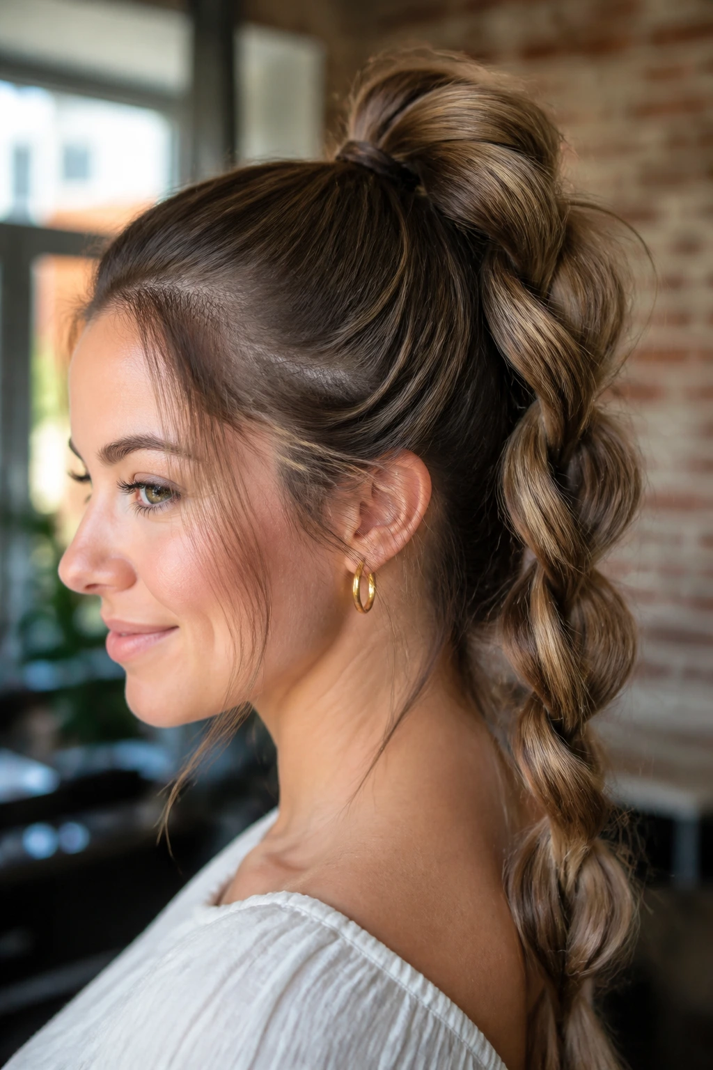 Close-up of a real woman with a pull-through ponytail braid creating extra width