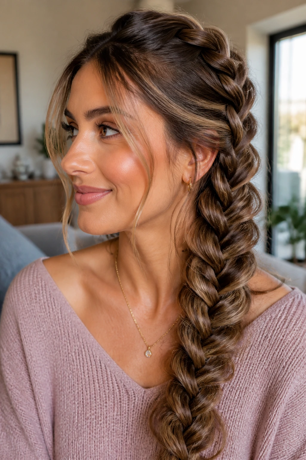 Close-up of a real woman with a pull-through fishtail illusion braid.