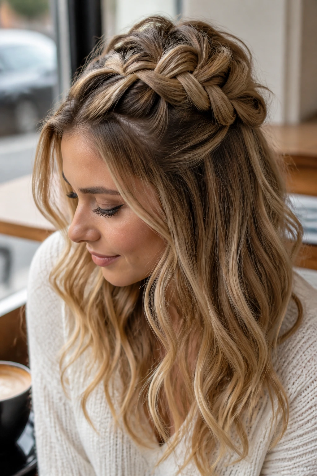 Pull-through half braid hairstyle on real person.