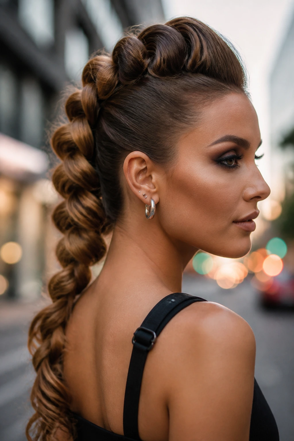 Portrait of a real woman with a pull-through mohawk braid on a city street