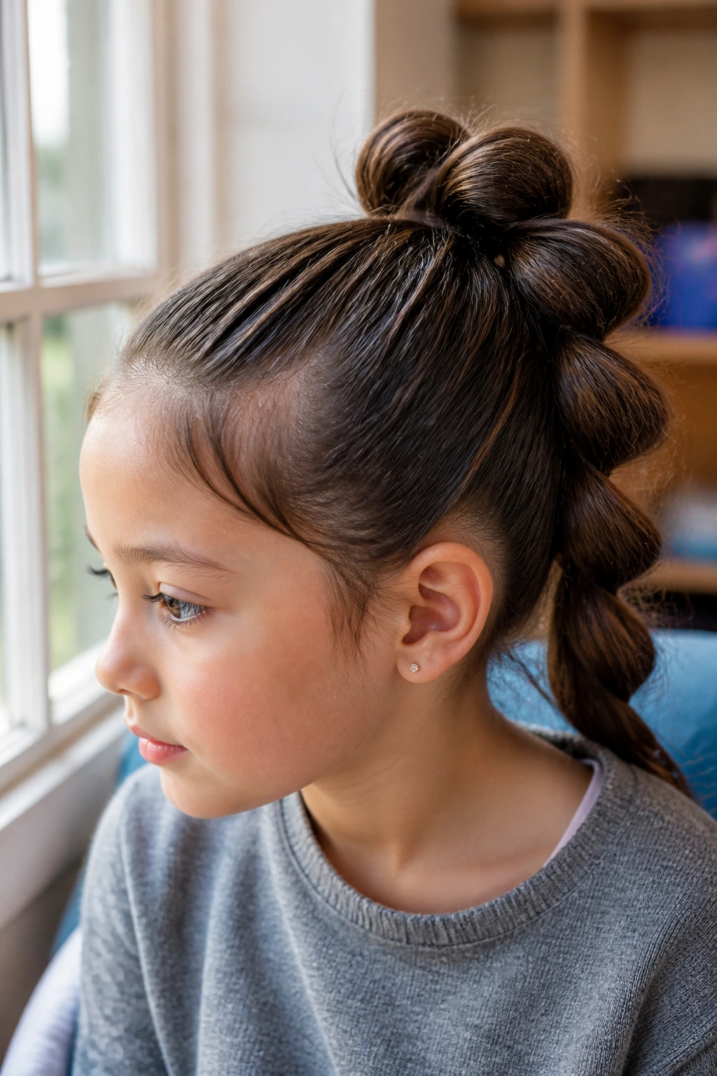Close-up of child with pull-through pony showing puffed loops at crown