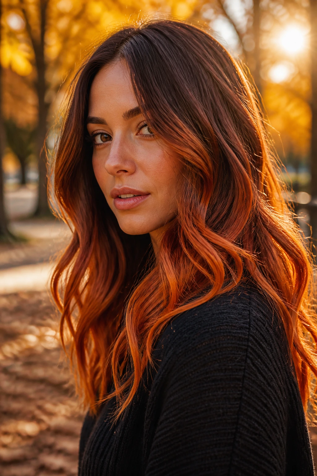 Close-up of a real woman's hair with pumpkin spice copper ombre in autumn light