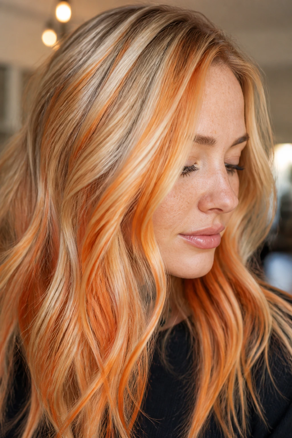 Blonde woman with chunky pumpkin-orange highlights for a bright, airy look.