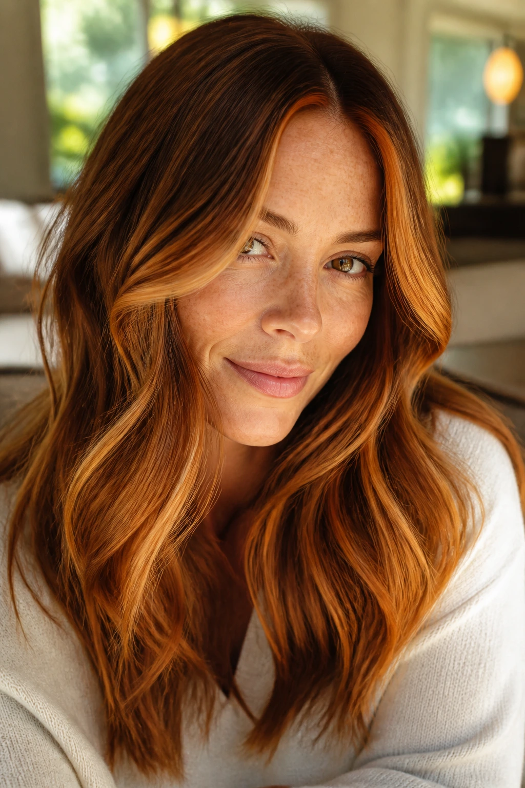 Close-up of pumpkin spice balayage on shoulder-length hair