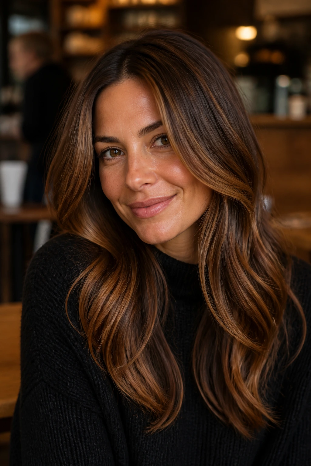 Brunette with pumpkin spice balayage around face