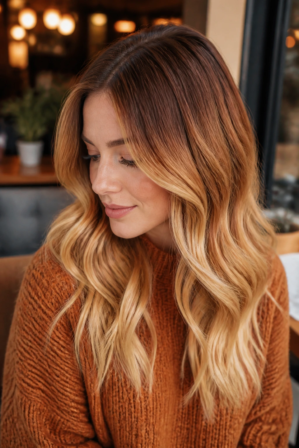Portrait of a person with pumpkin-spice blonde melt featuring darker roots and golden ends.