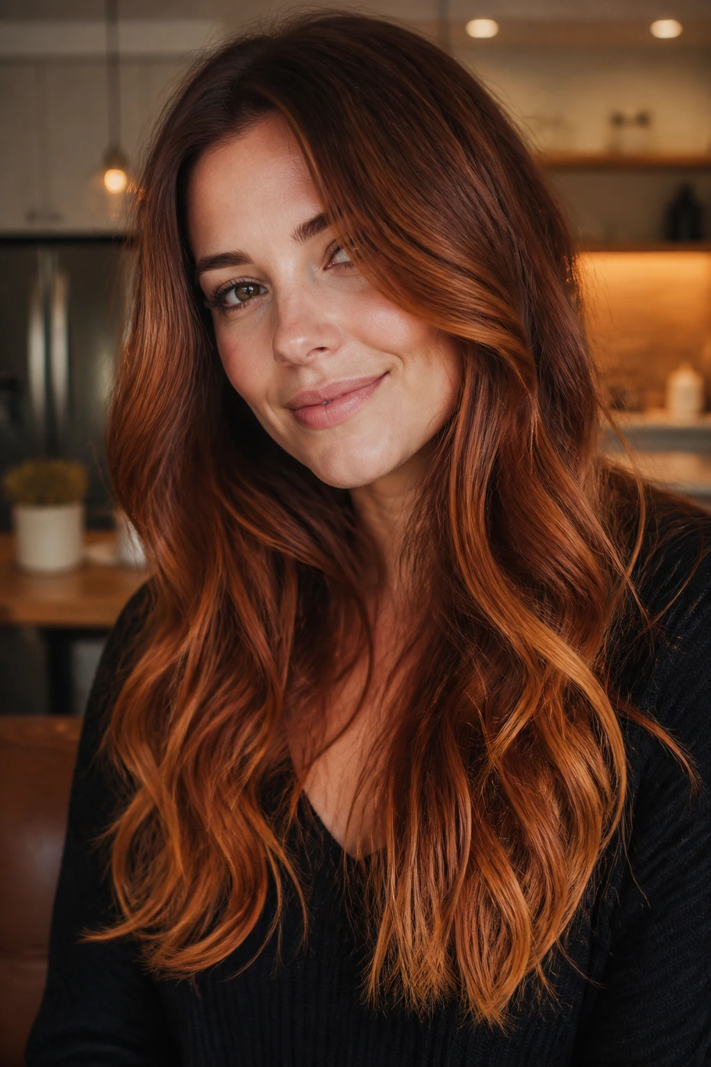 Close-up of real woman's layered long hair showing pumpkin spice brown-red tones