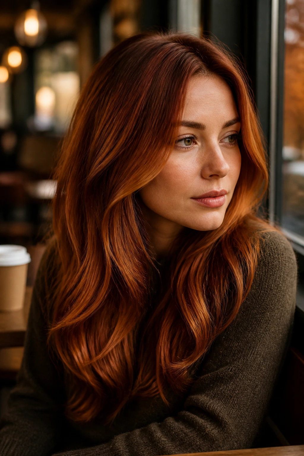 Close-up portrait of a person with pumpkin spice copper hair color by a warm cafe window