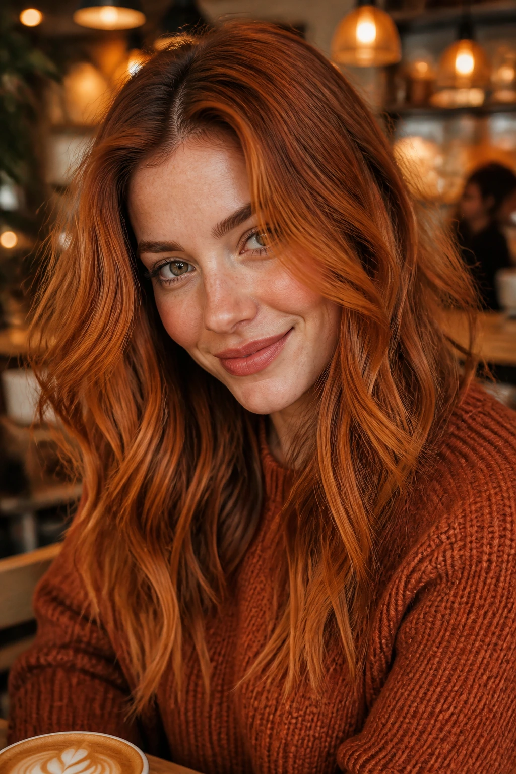 Portrait of a real woman with pumpkin spice copper hair color and warm orange-gold copper tones.