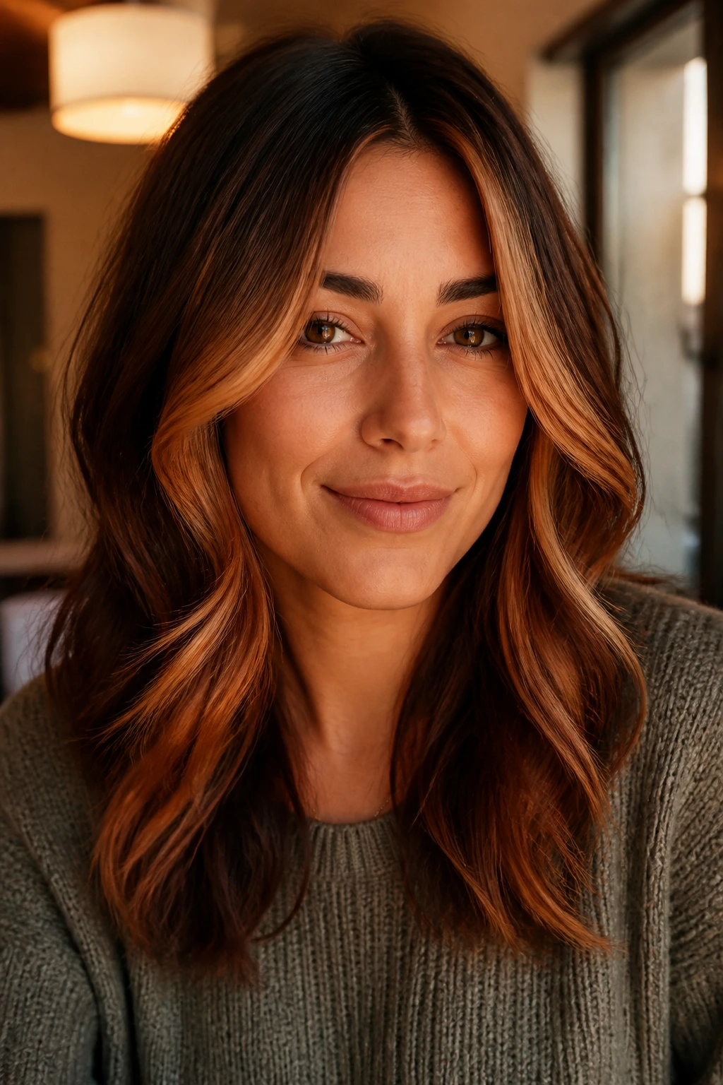 Portrait of a real person with pumpkin-spice face framing highlights around the cheeks.