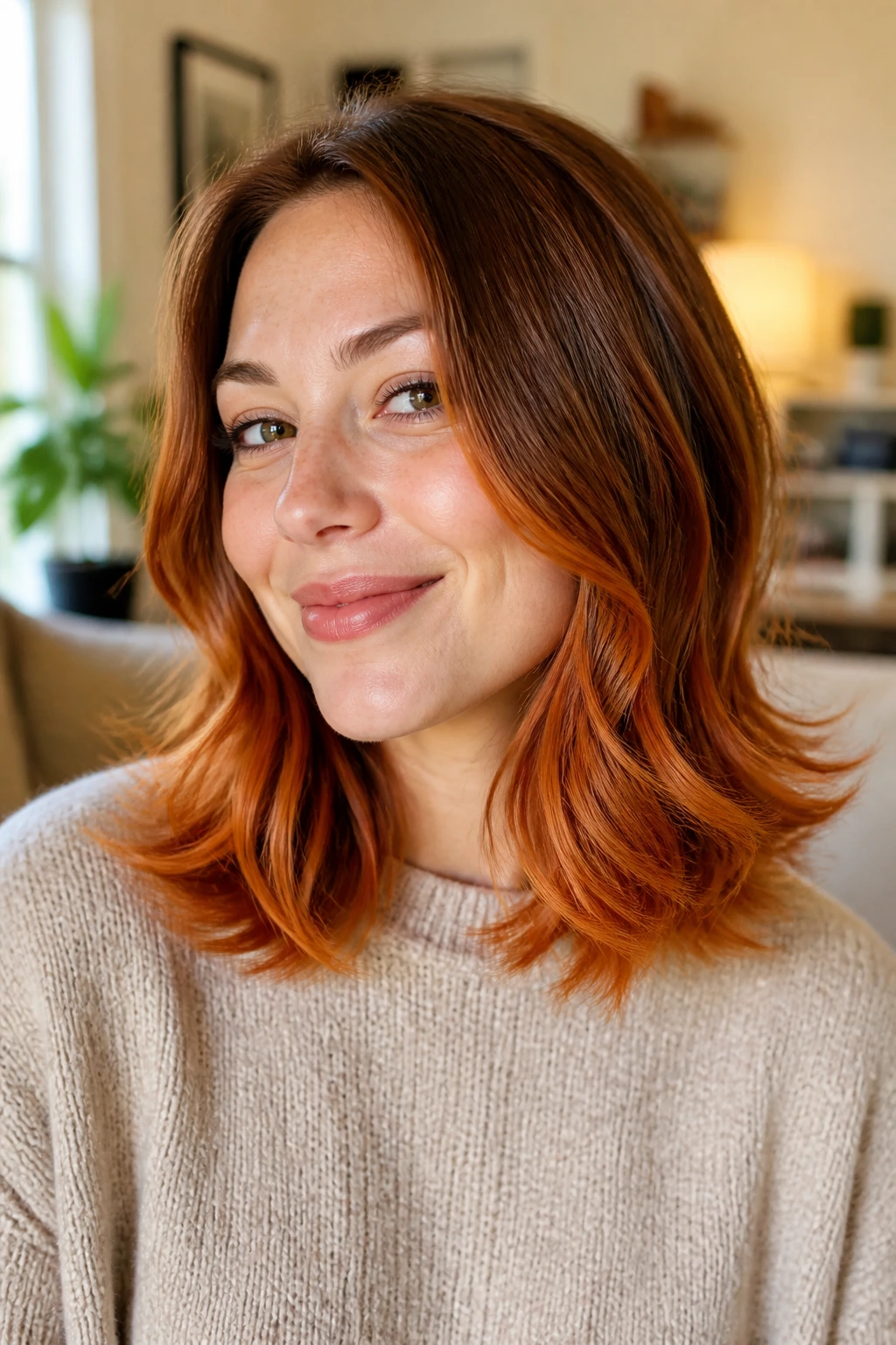 Close-up of a real woman with pumpkin-spice flip ends on medium-length hair