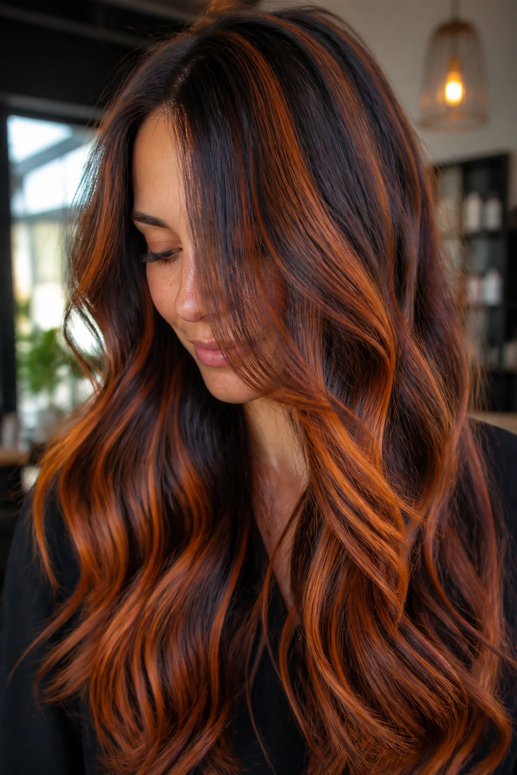 Close-up of a real woman with pumpkin spice ribbon highlights in long brunette hair under natural window light.
