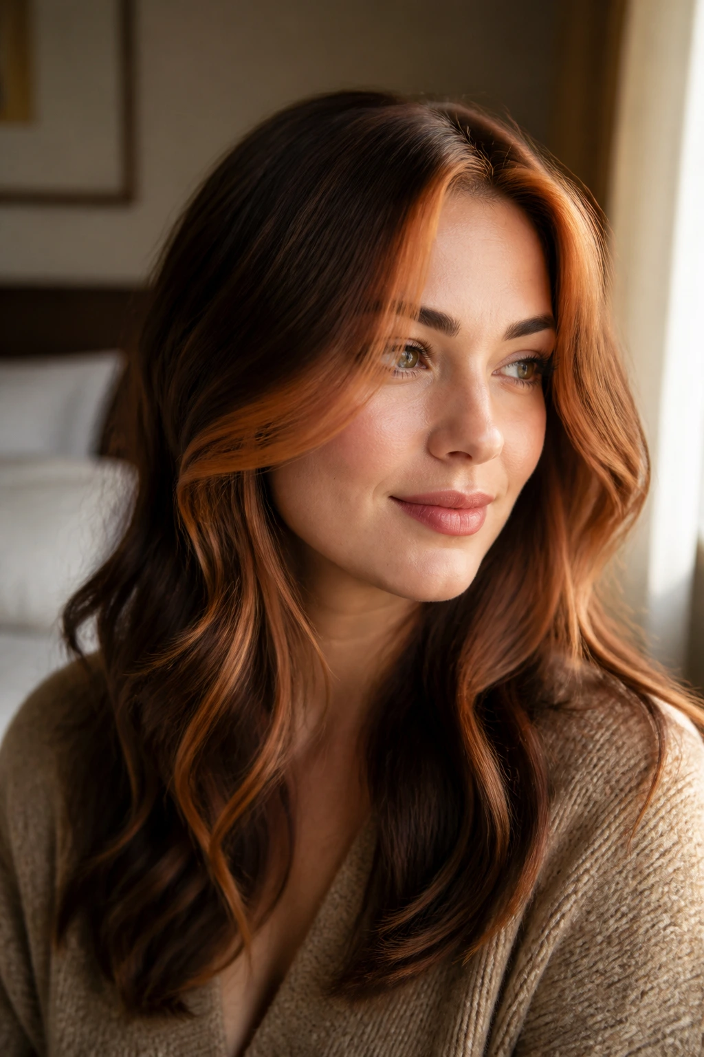 Close-up portrait of a real woman with pumpkin spice face-framing copper amber highlights