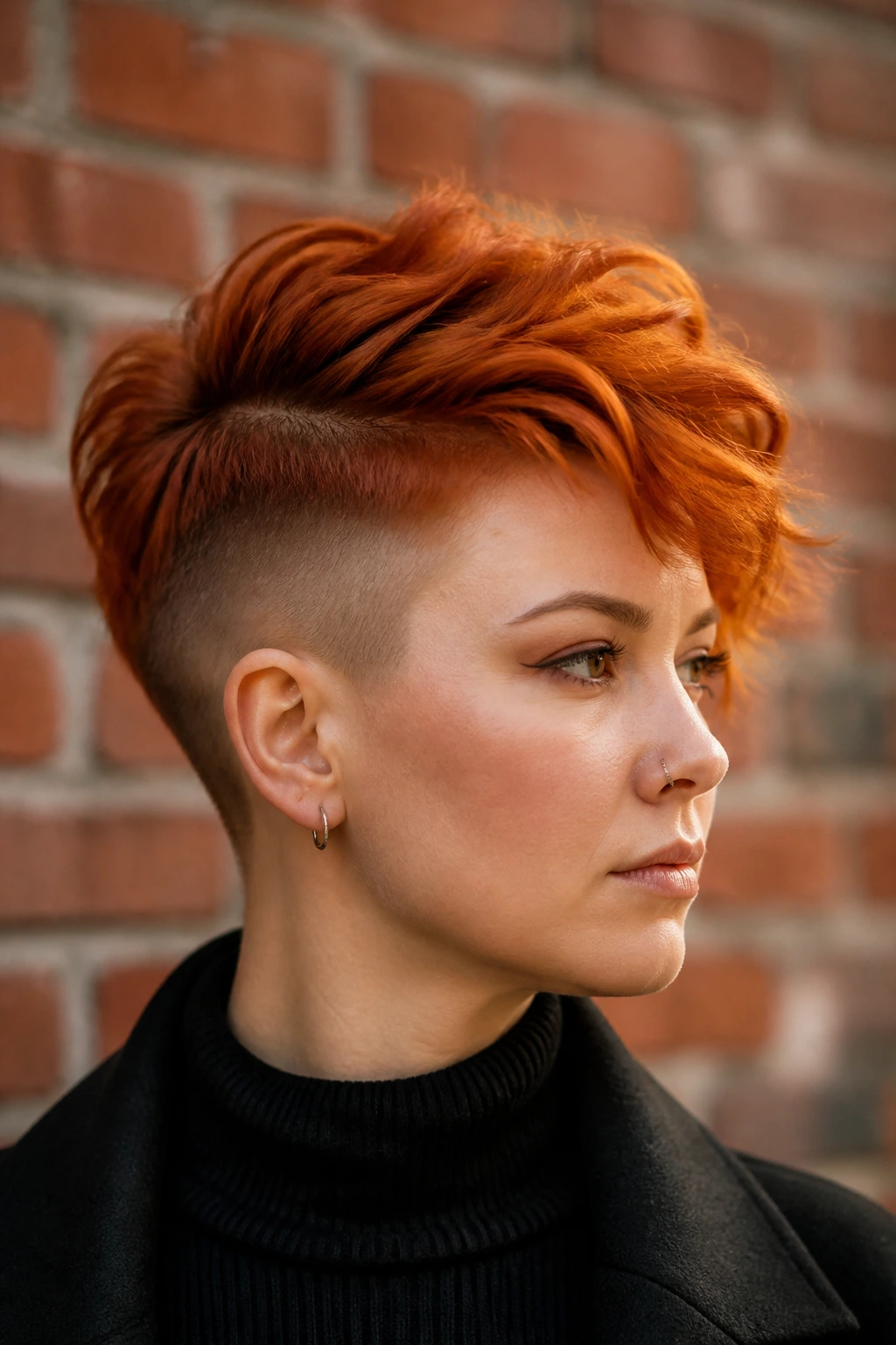 Close-up of real person with pumpkin-spice undercut and copper top.