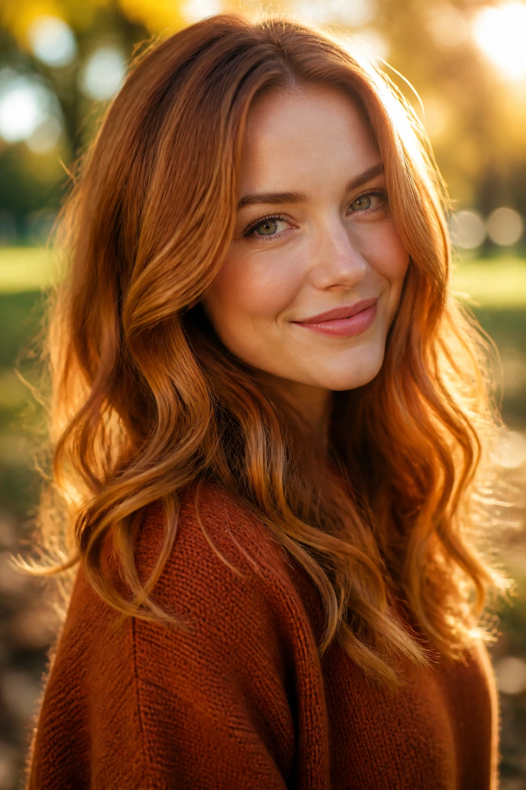 Close-up of a real woman with pumpkin spice waves hair