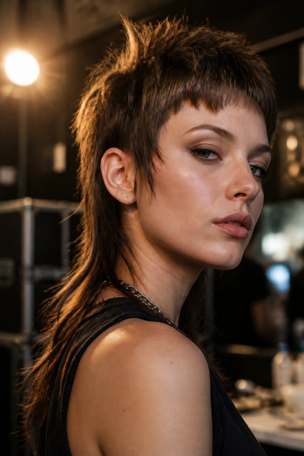 Portrait of a real woman with a punk fringe mullet under stage lighting