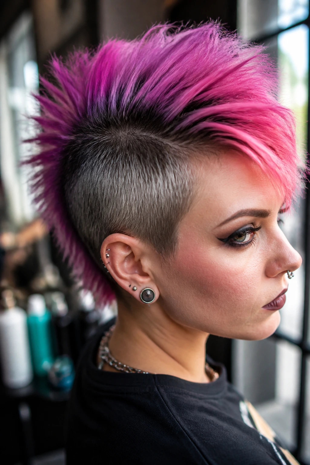 Portrait of a person with visible root regrowth and vivid hair color