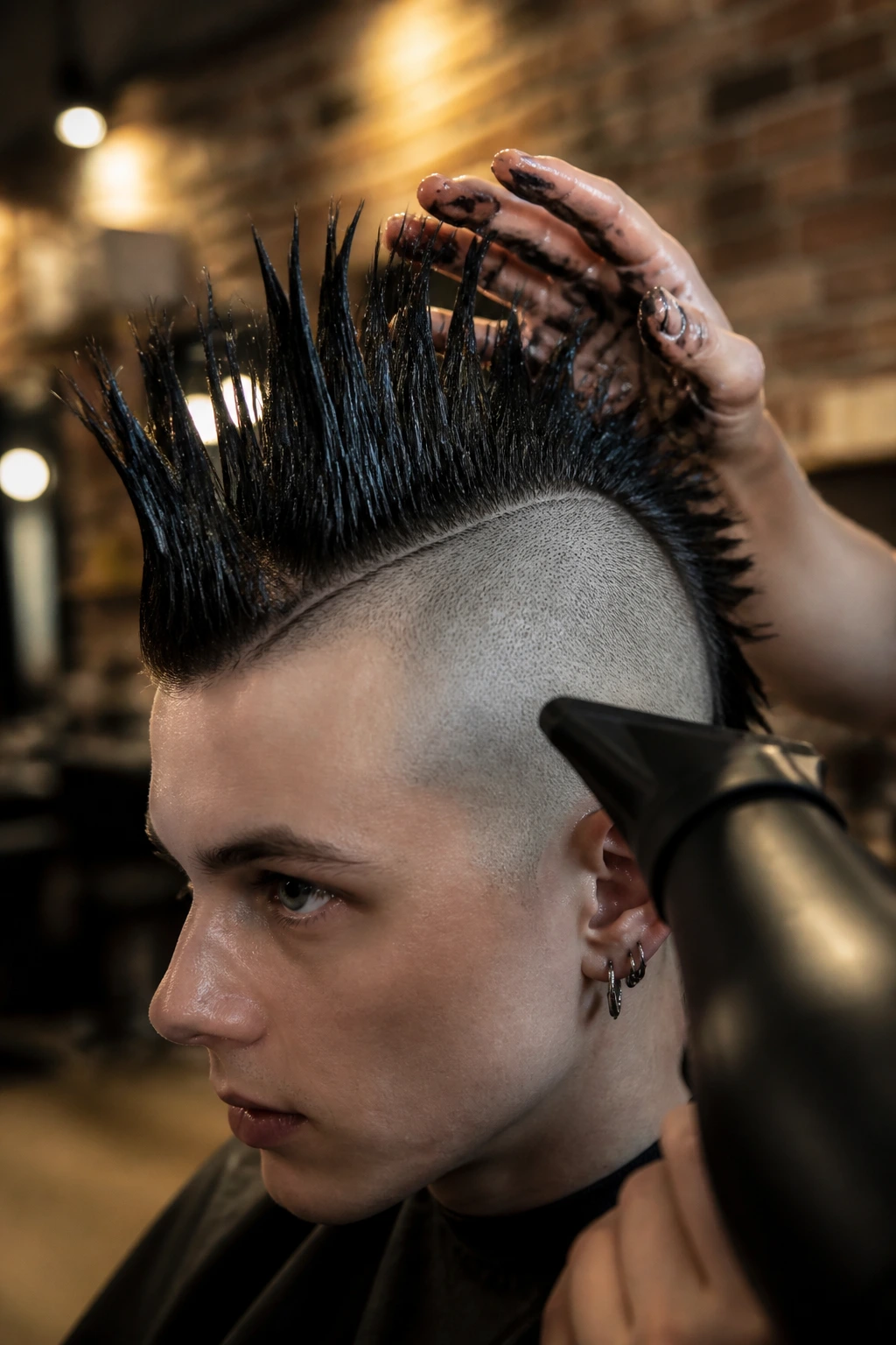 Close-up of a real person with punk spikes being styled in a warm salon