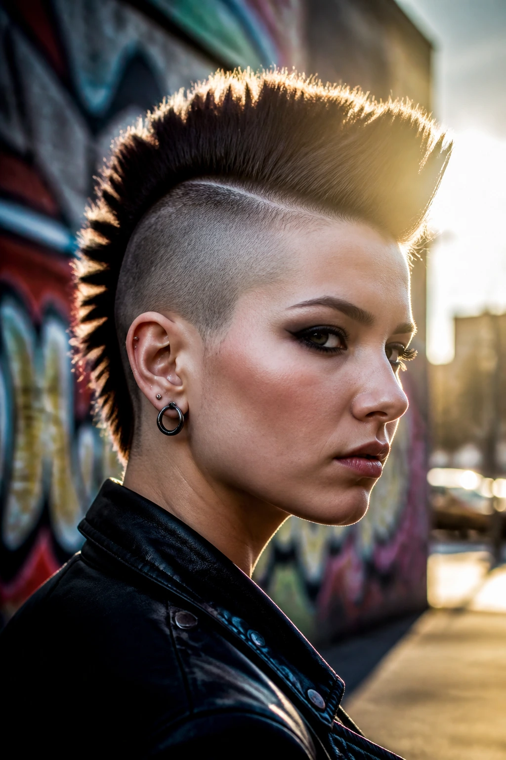 Portrait of a person with a bold silhouette punk haircut featuring shaved sides and a tall top.