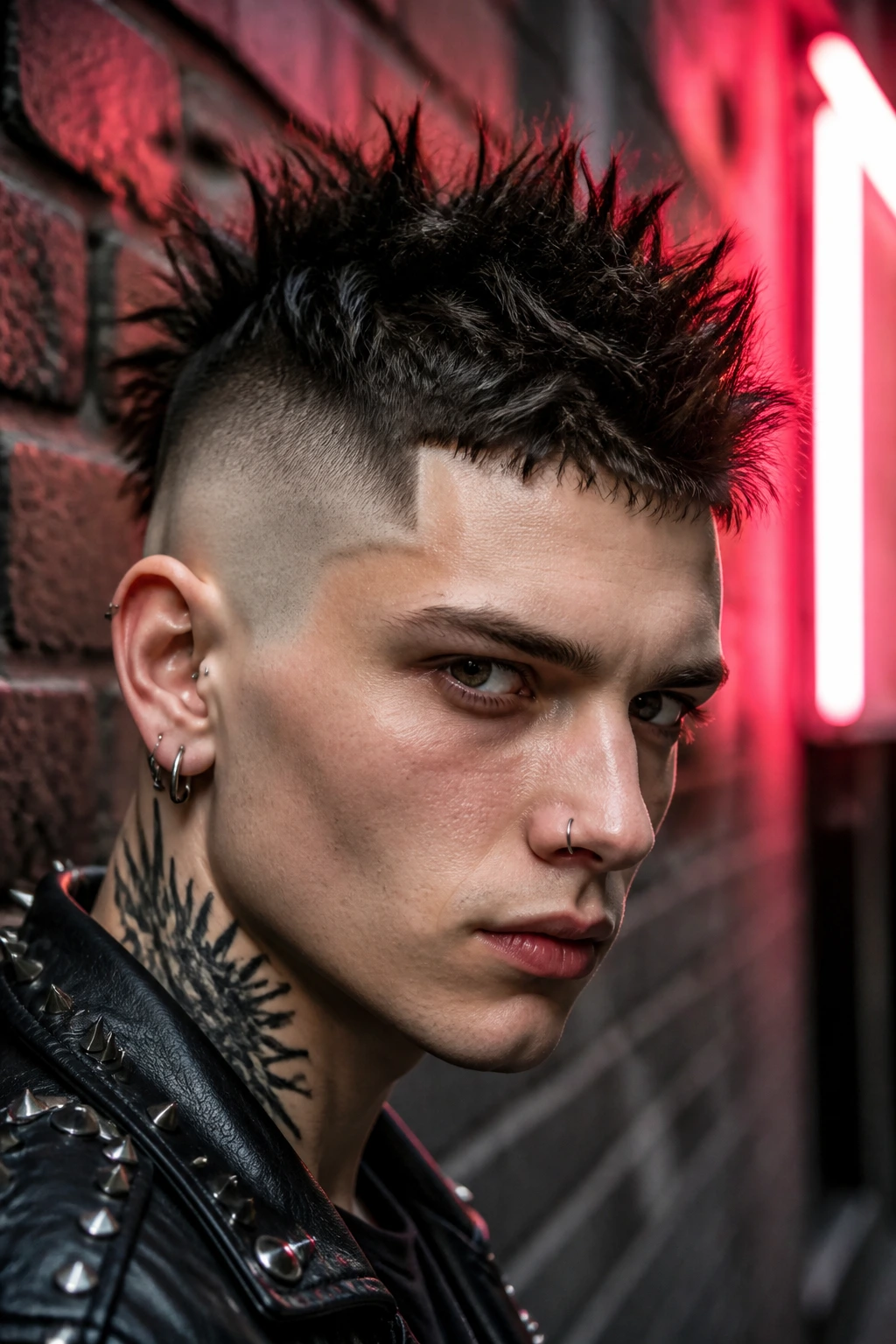 Close-up portrait of a person with a sharp punk haircut, strong fade and jagged spikes in an urban setting.