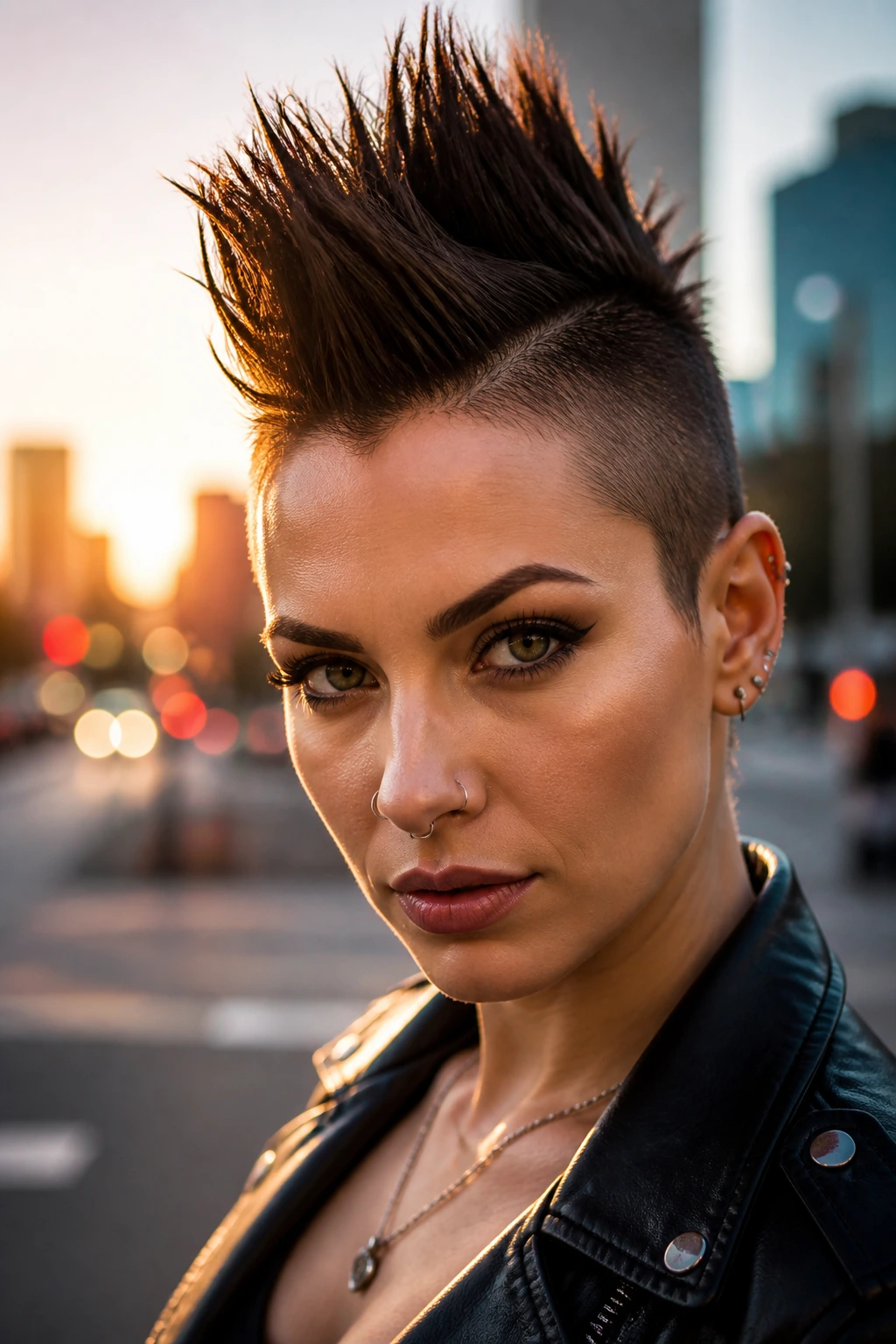 Close-up portrait of a real woman with a punk-leaning mohawk slice, tall center spike and tapered sides