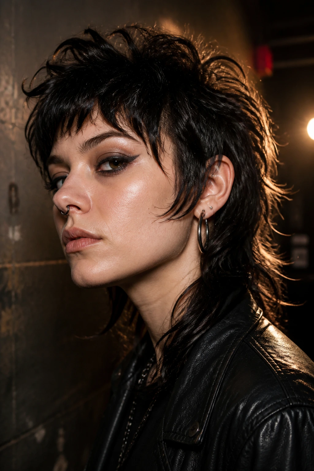 Real person with a punk mullet in moody backstage lighting