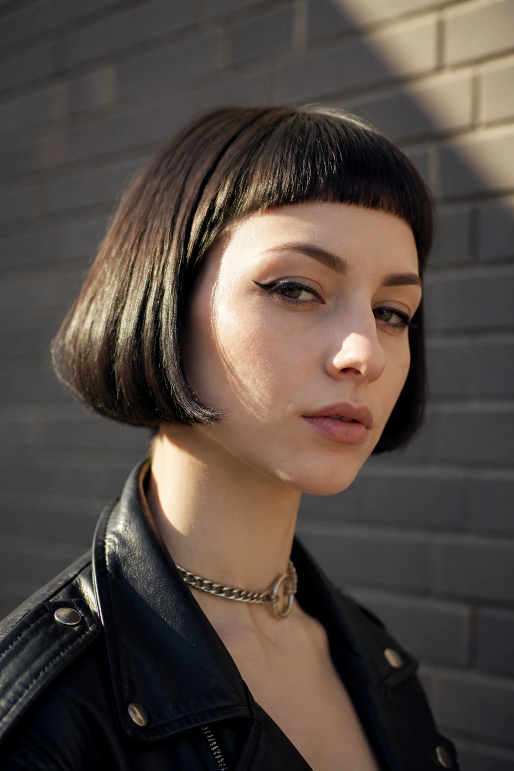 Close-up portrait of a real person with a punk pageboy and micro fringe