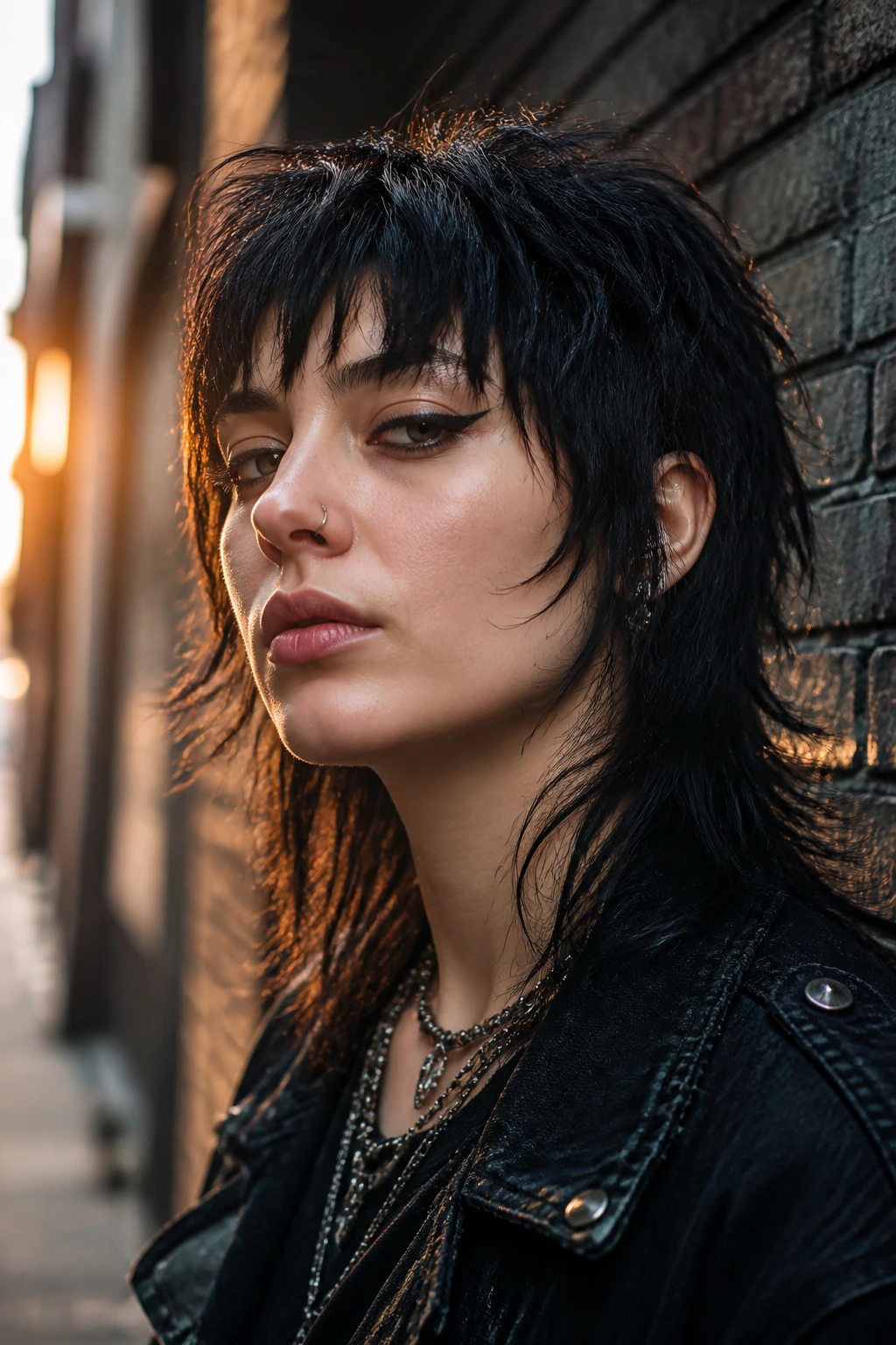 Close-up portrait of a real person with a punk shag haircut featuring layered crown, torn ends, and jagged fringe.