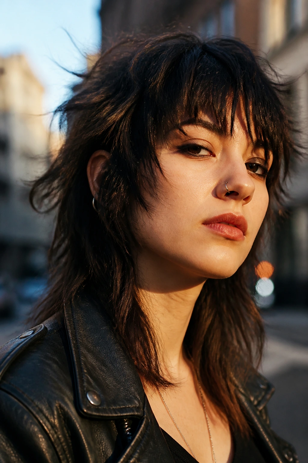 Close-up head-and-shoulders portrait of a real person with a punk shag haircut featuring jagged ends and off-center fringe, urban backdrop