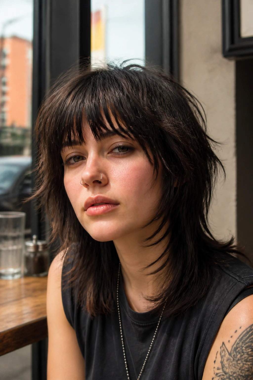 Portrait of real person with grown-out punk shag showing longer fringe and textured layers