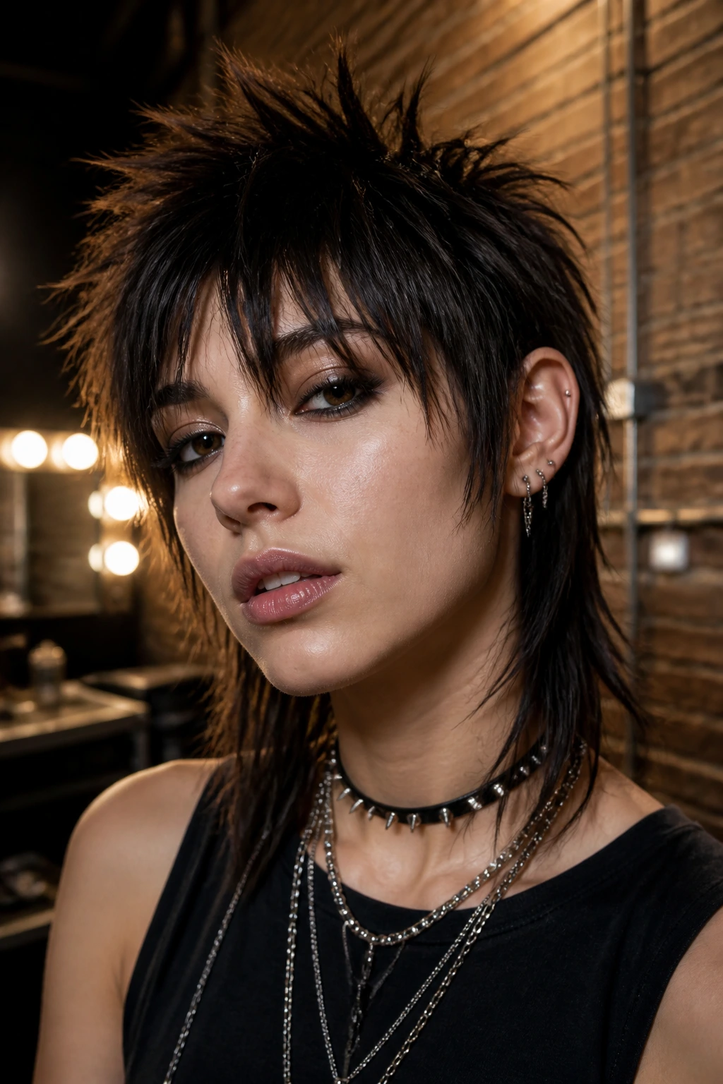 Close-up portrait of a real person with a punk shag haircut, jagged fringe and lifted crown