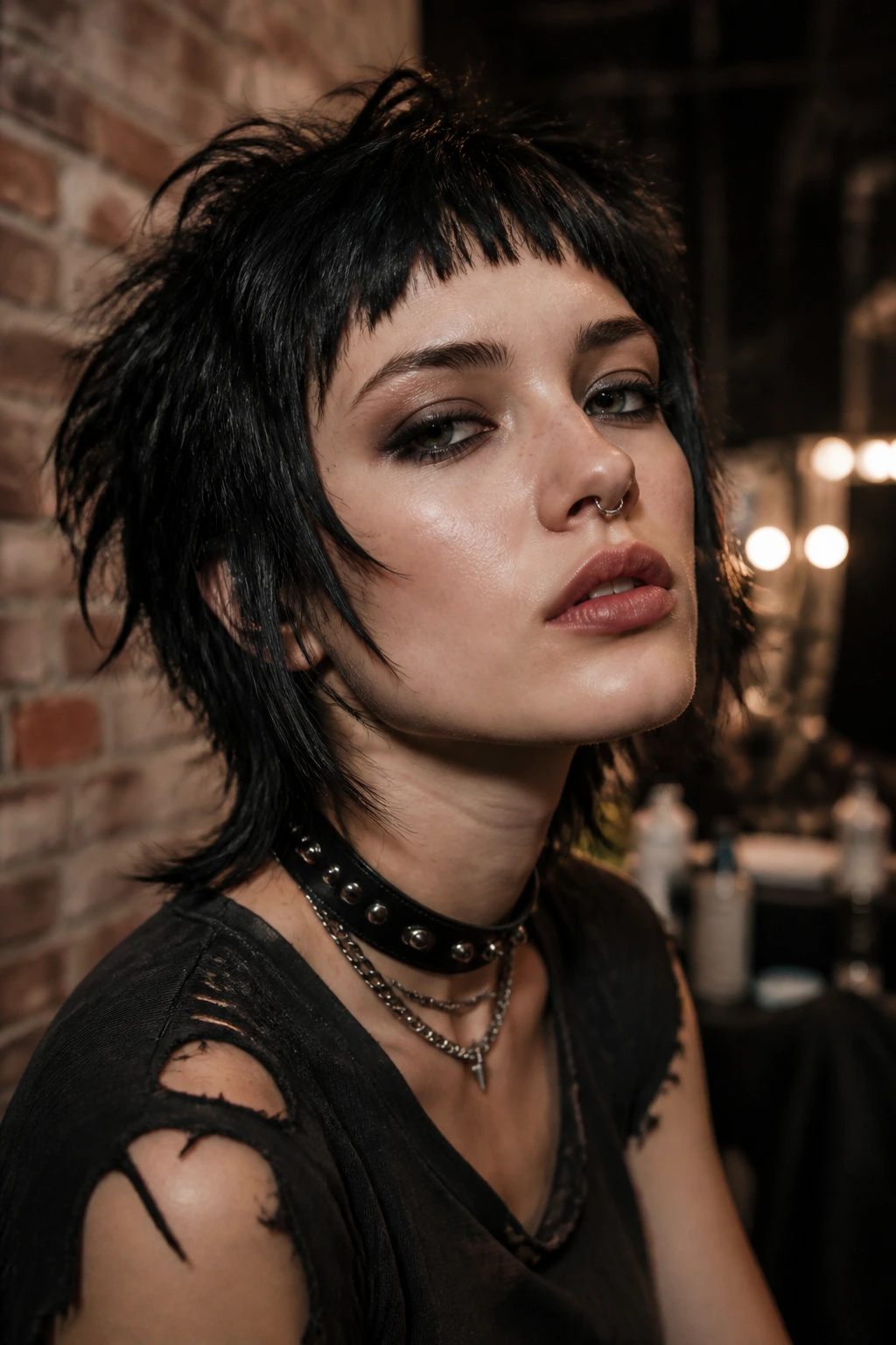 Close-up of a real person with punk shag and chopped micro bangs in moody backstage setting