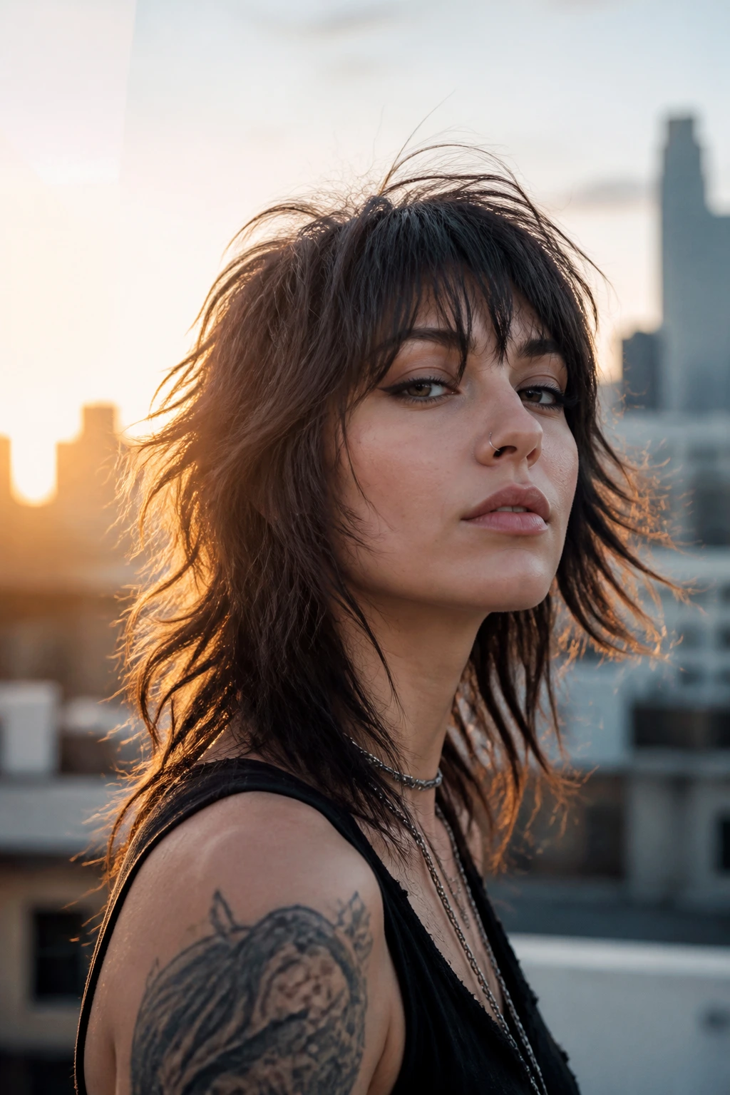 Real person with textured punk shag showing texture and lift in golden hour light