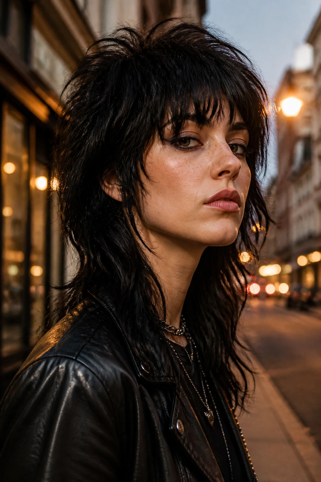 Portrait of a real person with a bold punk shag variation showing thicker crown and longer fringe
