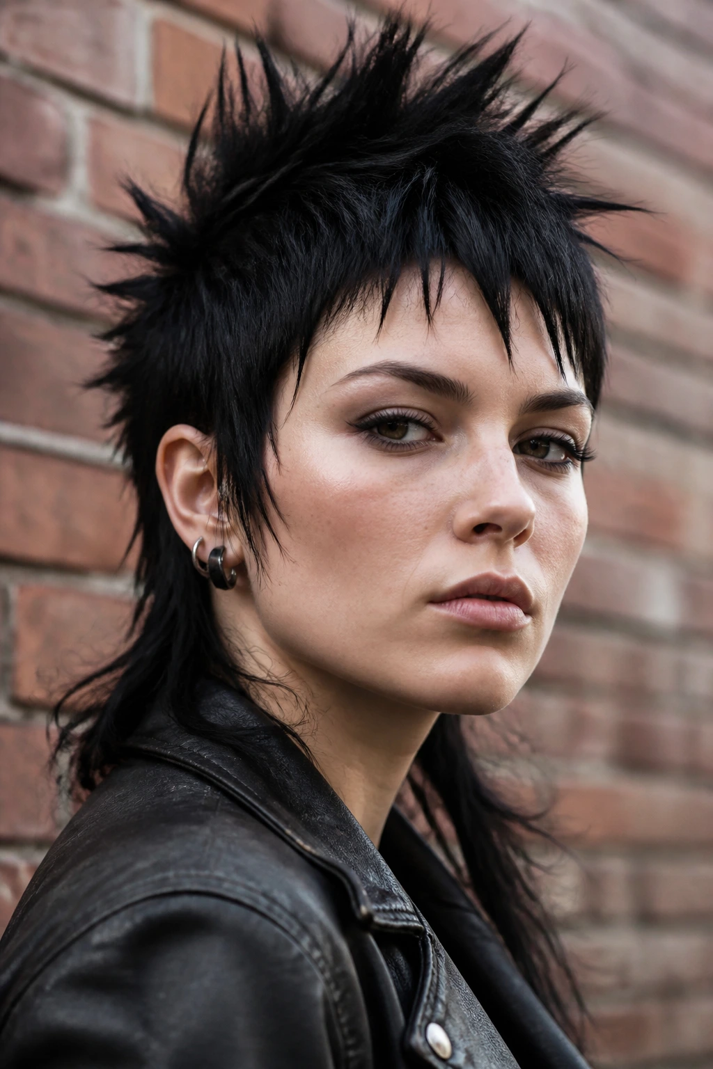 Close-up of a real person with a punk-spike mullet against a brick wall, hair spikes visible