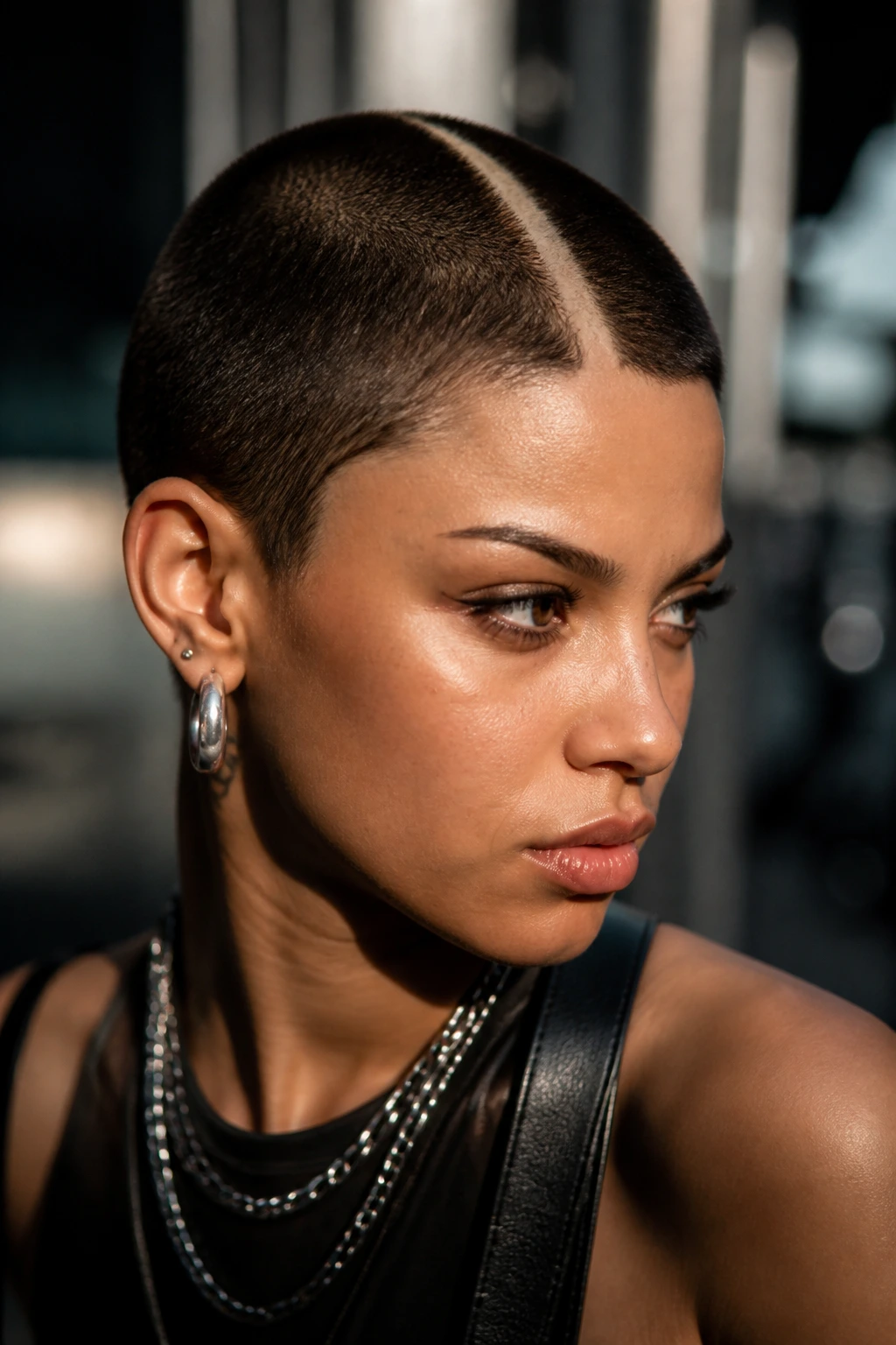 Real woman with punk stripe buzz featuring a central stripe