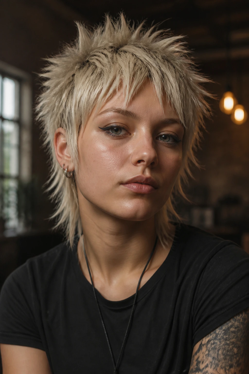 Close-up of real person with punky spiky shag in moody lighting