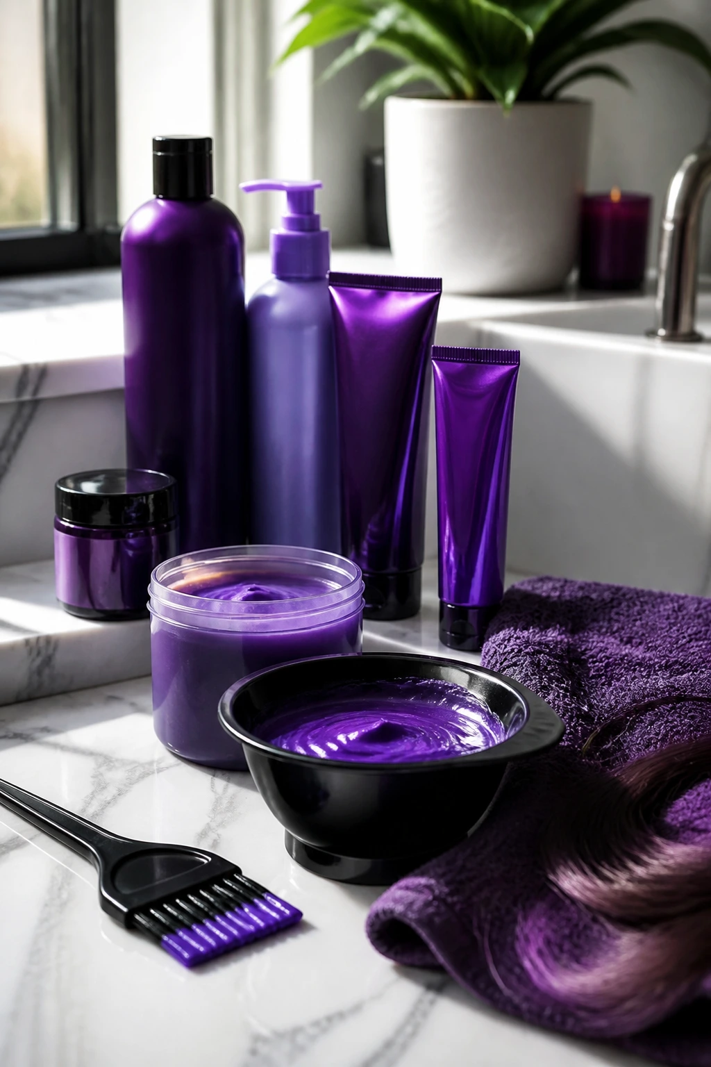 Close-up of purple dye and color-care products on bathroom counter
