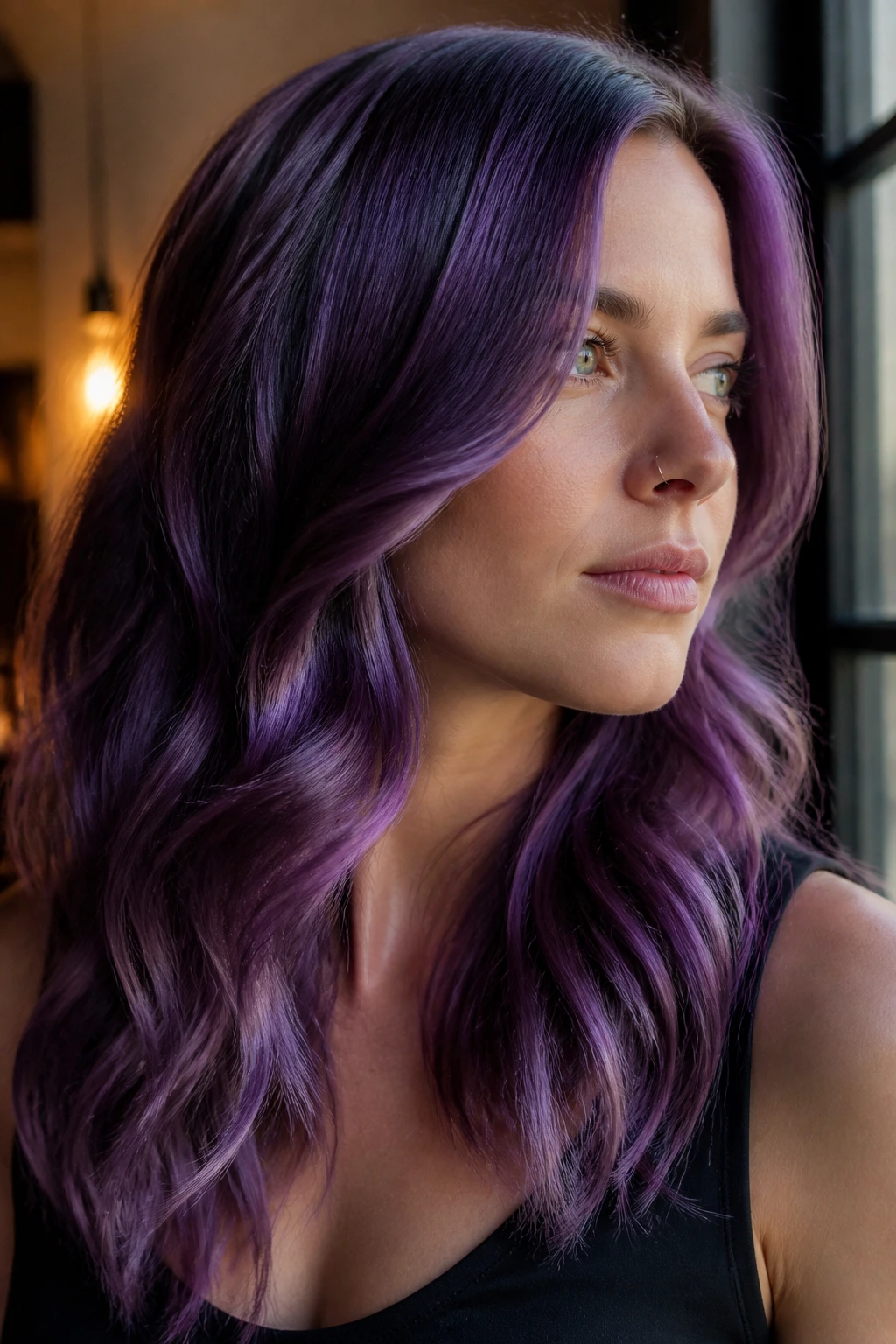 Portrait of purple hair with glossy finish and fade