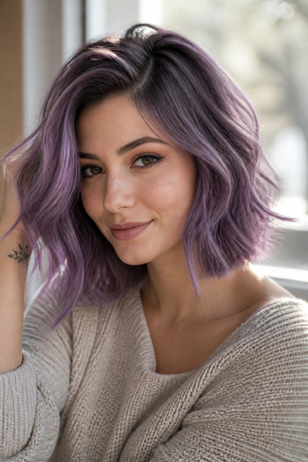Portrait of a real woman with purple hair matching her skin tone