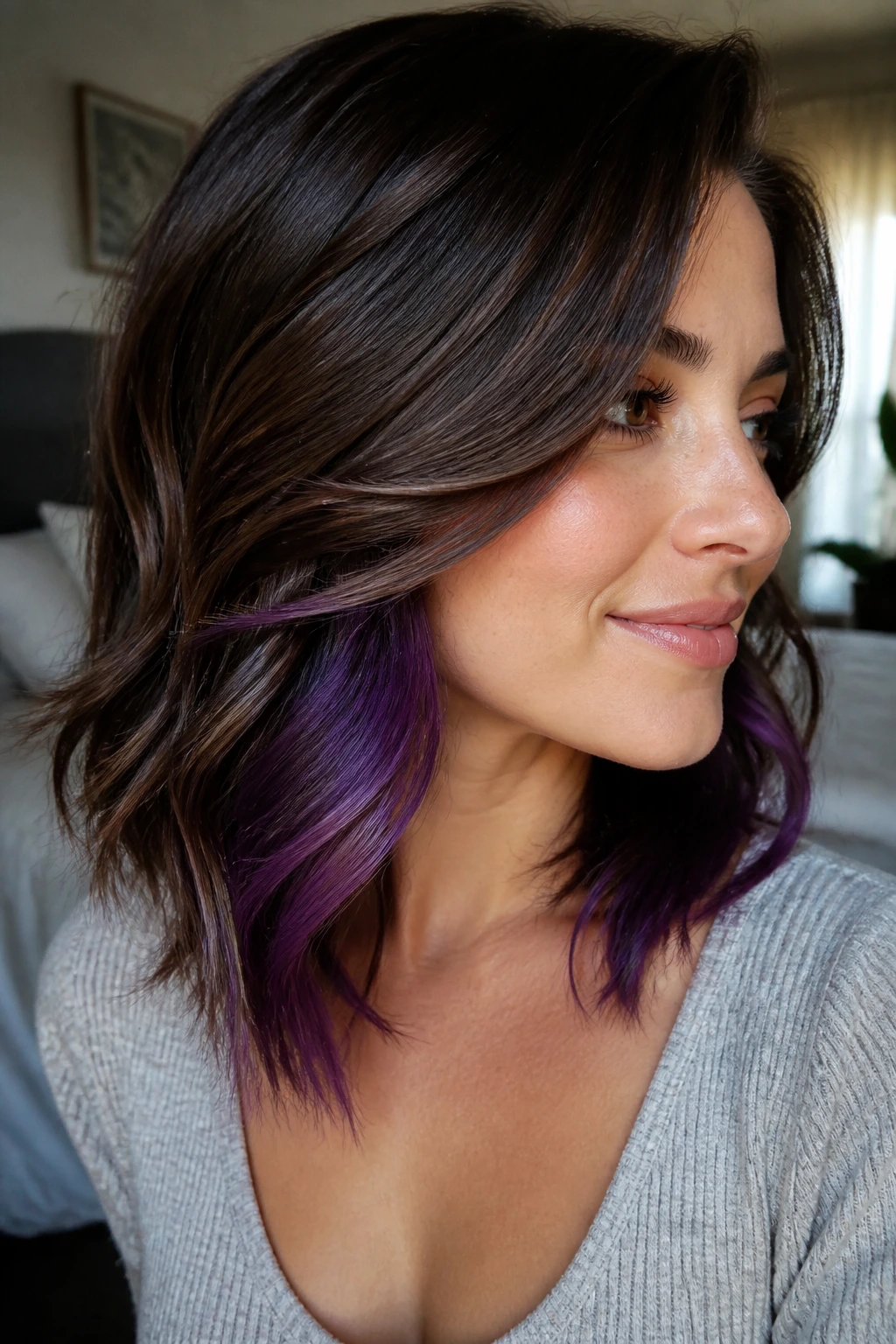 Close-up portrait of a woman with purple peekaboo highlights under the top hair layer