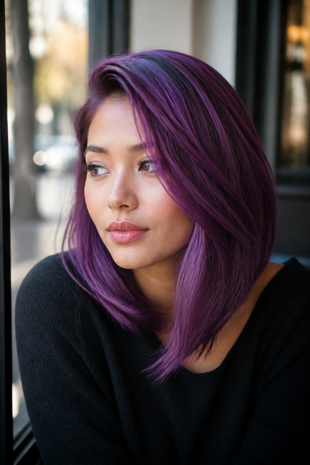 Close-up portrait of a woman with intentional purple hair in cafe daylight
