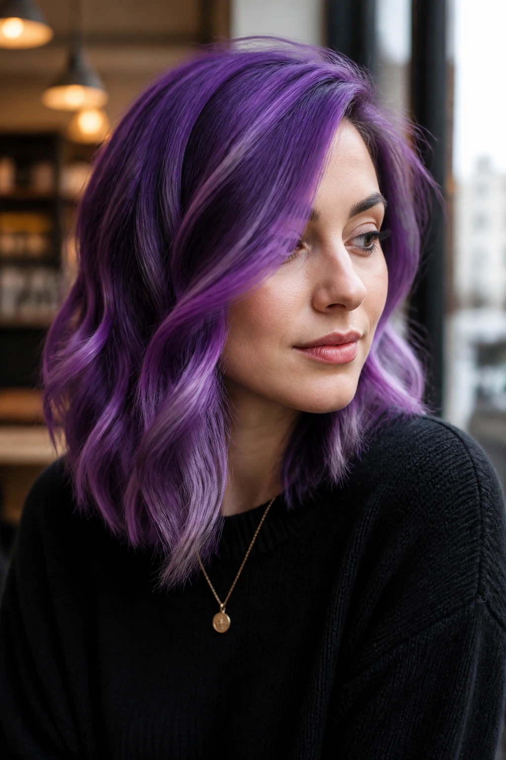 Portrait of a woman with purple hair styled in a side part