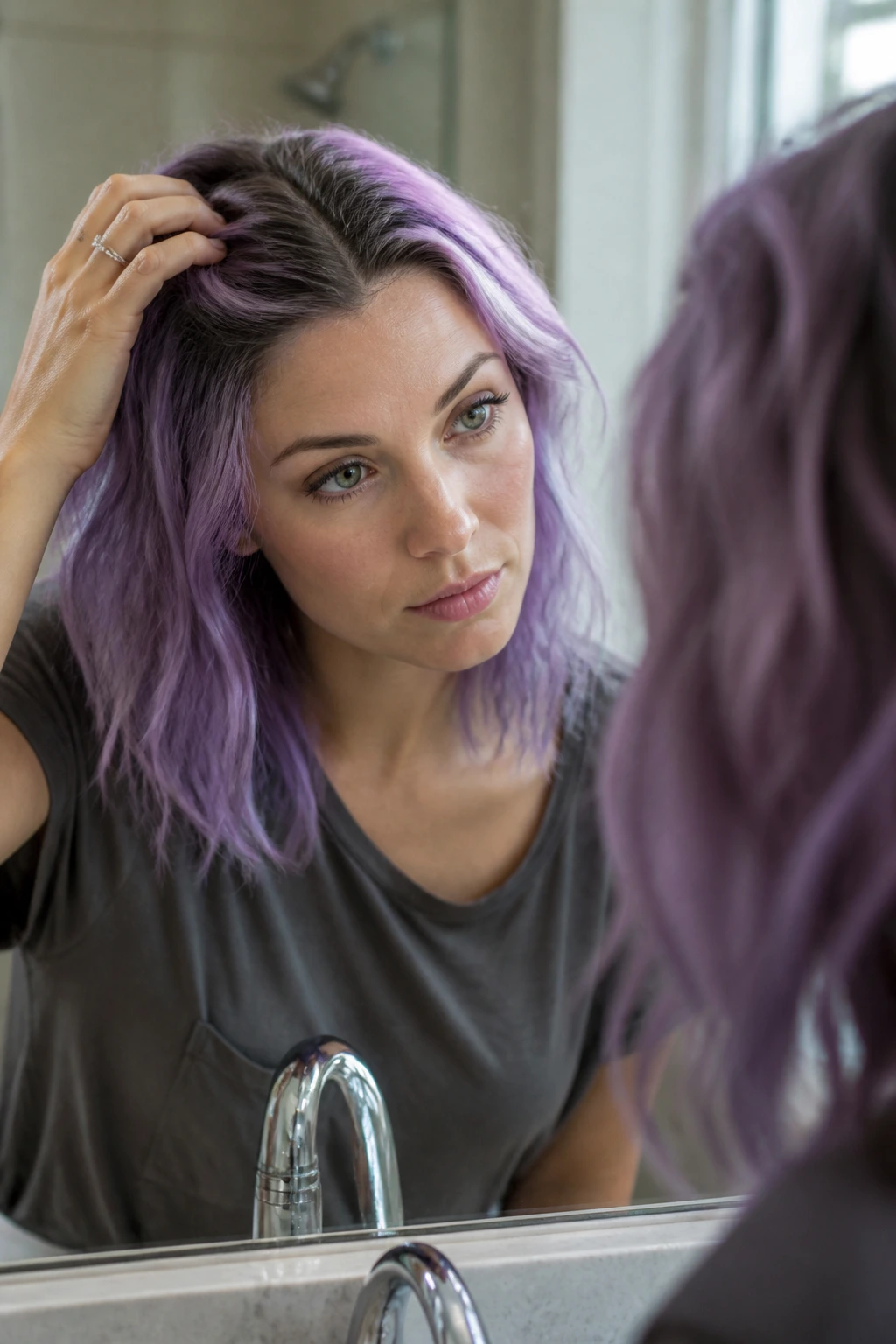 Portrait of person with purple hair showing fade and roots